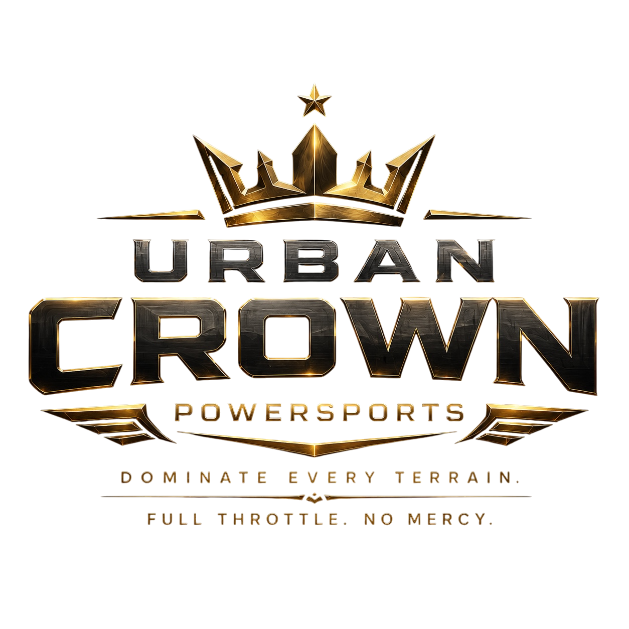 Urban Crown Powersports — gold crown emblem above the brand name, with the slogans Dominate Every Terrain and Full Throttle No Mercy